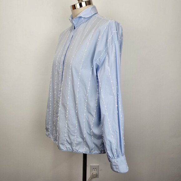 Tish Cox Button Up Blouse M/L Light Blue Swiss‎ Dot Stripe Cotton Oversized - Picture 2 of 11